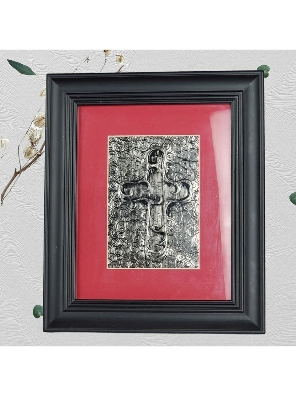 Framed Cross metal tin pressed art